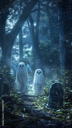 Two child ghosts in a mysterious forest at night, Halloween concept