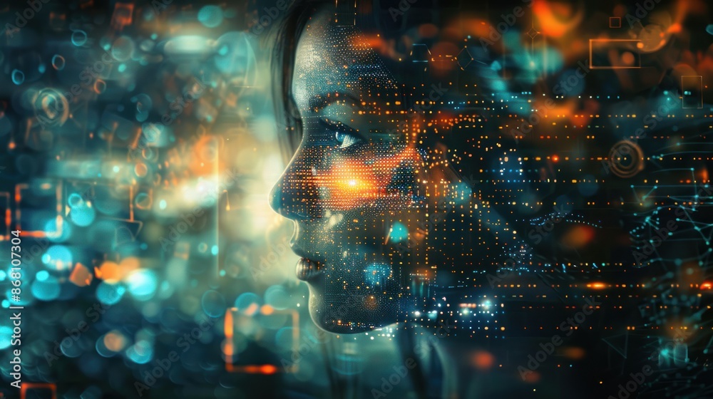 Naklejka premium Complex face image of digital ethical background by AI