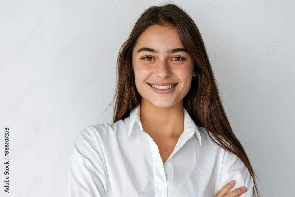 Confident brunette business woman student smiling with folded arms Confident brunette business woman student smiling with folded arms