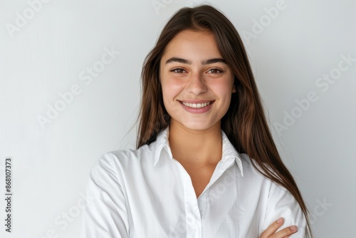 Confident brunette business woman student smiling with folded arms