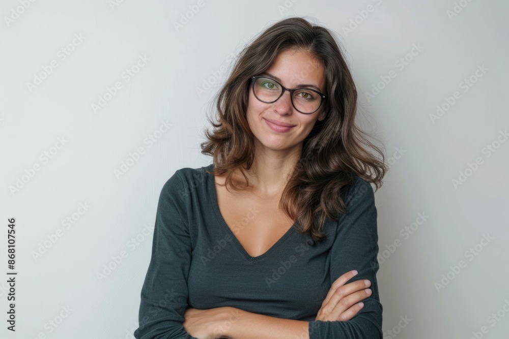 Obraz premium Confident brunette woman in glasses smiling with arms crossed