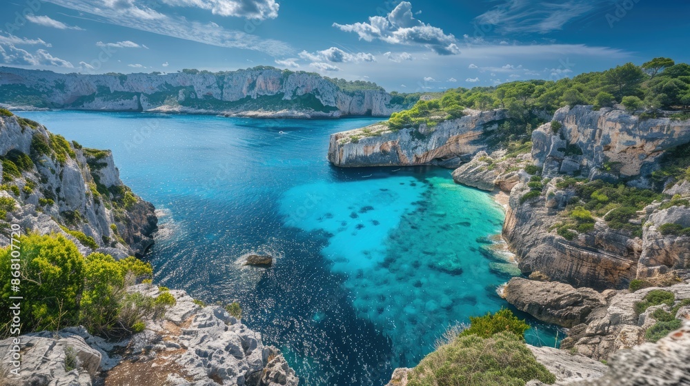 Obraz premium A stunning coastal view with a secluded cove, turquoise waters, and rugged cliffs.