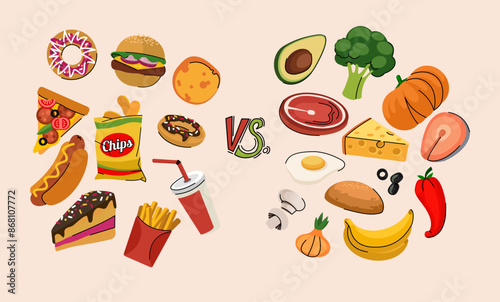 Food. Carbohydrate and protein. Carbs grain, fiber. Meat, cheese and fat. Vitamin avocado, broccoli and fruits. Group category diet. Cereal, complex energy. Healthy unhealthy nutrition. Vector set