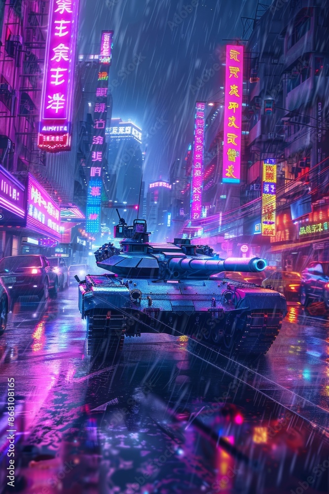 A neon-noir illustration of an Military tank M1 Abrams patrolling a rain-slicked city street at night A neon-noir illustration of an Military tank M1 Abrams patrolling a rain-slicked city street at night