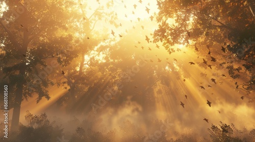 A forest scene with birds flying in the sky
