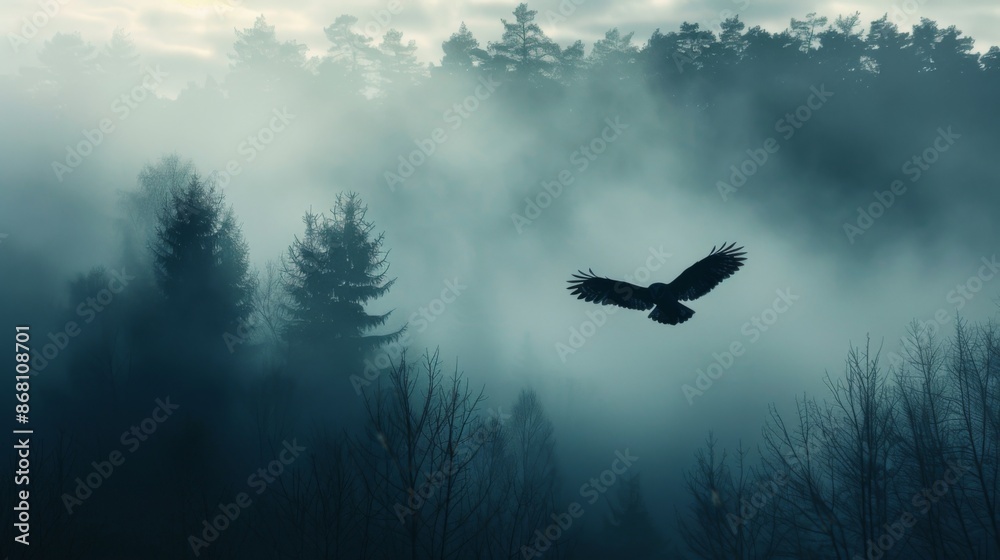 Fototapeta premium A large black bird flies through the misty forest