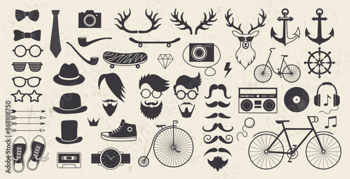 Hipster icons. Man face. Black silhouette design. Deer animal. Beard and moustache shapes. Guy stylish hair. Anchor tattoo. Glasses and hats. Graphic vintage symbols. Vector retro male elements set