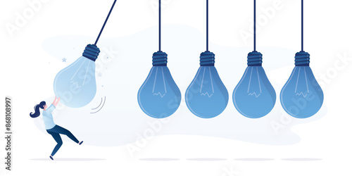 Businesswoman manager pull lightbulb as pendulum to transfer knowledge. Brainstorming, pitching ideas. Skill transfer to inspire team,