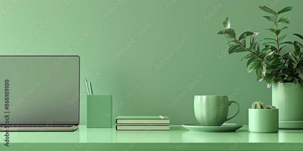 Modern Minimalist Desk with Laptop, Green Accessories, and Potted Plants in Calm Green Tones Modern Minimalist Desk with Laptop, Green Accessories, and Potted Plants in Calm Green Tones