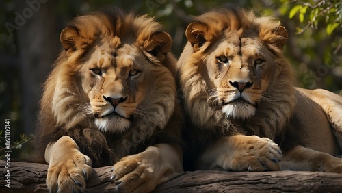Close up of two male lions lying on a log  © ASGraphicsB24