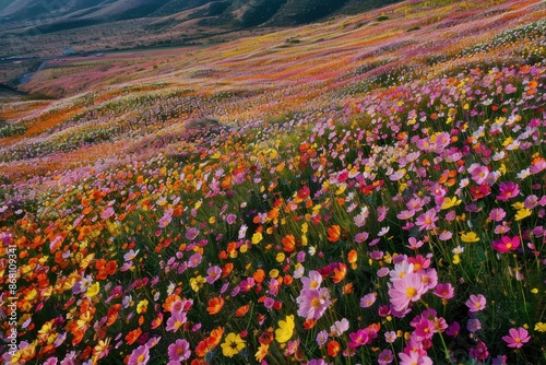 Aerial shot of a vast field of wildflowers in full bloom, patchwork of vibrant colors