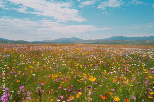 Aerial shot of a vast field of wildflowers in full bloom, patchwork of vibrant colors