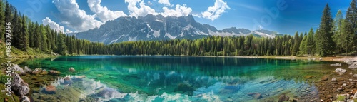 A beautiful lake surrounded by mountains with a clear blue sky