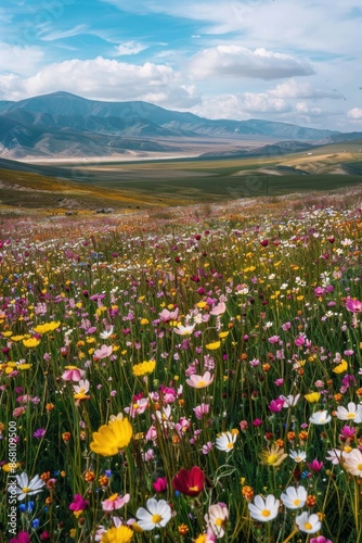 Aerial shot of a vast field of wildflowers in full bloom, patchwork of vibrant colors