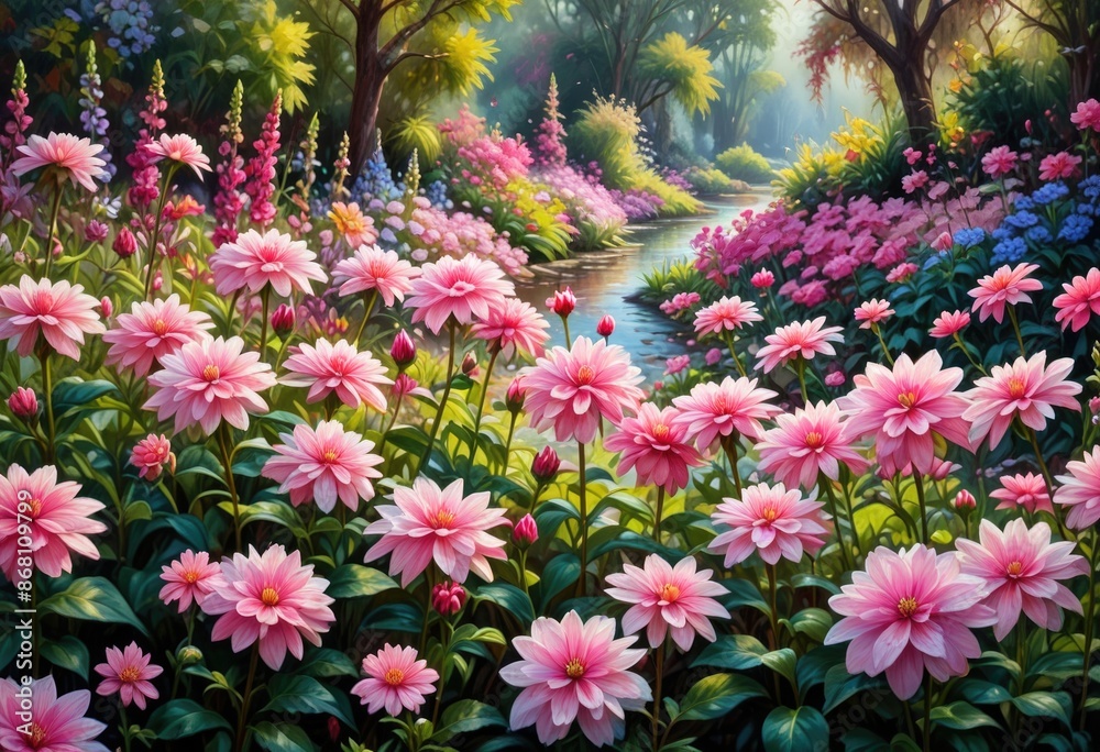 a garden filled with various shades of pink flowers, painted in an impressionist style, with water droplets adding a touch of freshness and vitality.. a garden filled with various shades of pink flowers, painted in an impressionist style, with water droplets adding a touch of freshness and vitality..