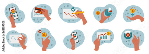 Hand holding money. Investment graph data. Arm showing at economy growth diagram. Dollar icon. Business revenue analysis. Finance income graphics. Persons gesture. Vector tidy financial concepts set