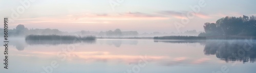 A calm lake with a sun reflecting on the water