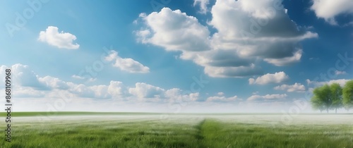 Panoramic image of green field and blue sky with white clouds, soft blurred background