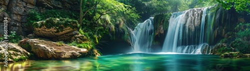 A beautiful waterfall with a lush green forest in the background