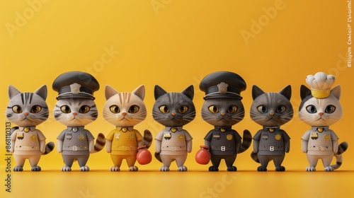 A group of seven cute cartoon cats in different uniforms stand in a line. photo