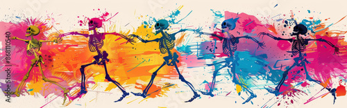 abstract composition of dancing skeletons in bright, festive colors, using simple shapes to convey movement and joy
