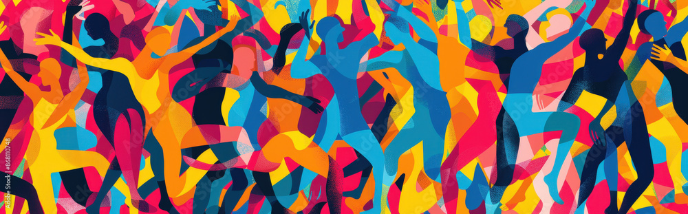abstract composition of dancing skeletons in bright, festive colors, using simple shapes to convey movement and joy abstract composition of dancing skeletons in bright, festive colors, using simple shapes to convey movement and joy