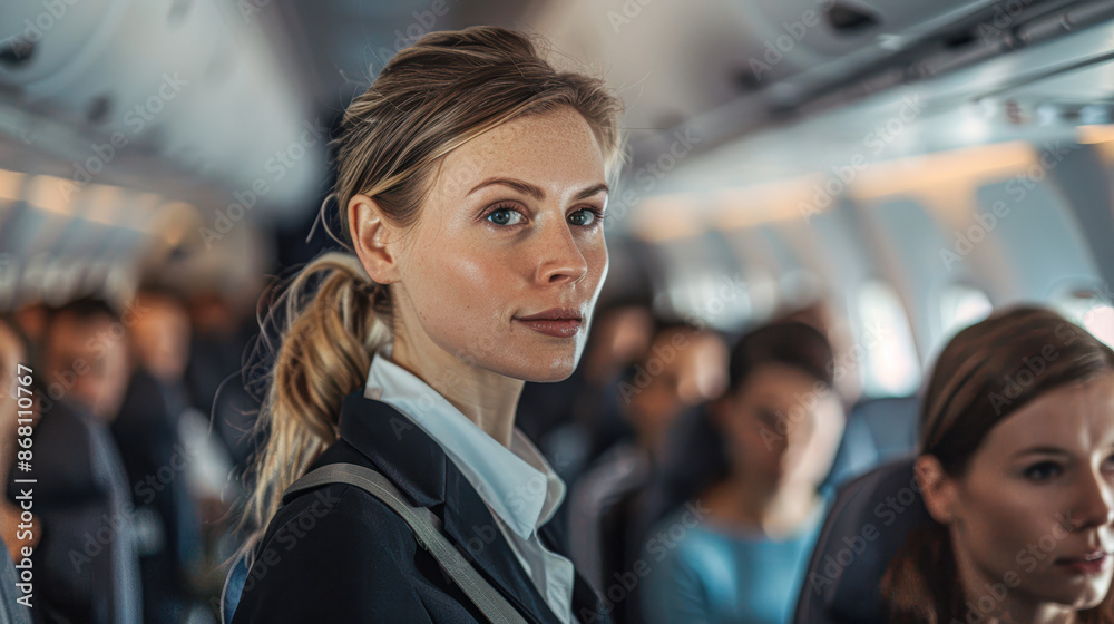 Confident Flight Attendant Demonstrating Brace for Impact Procedure with Calm Authority Confident Flight Attendant Demonstrating Brace for Impact Procedure with Calm Authority