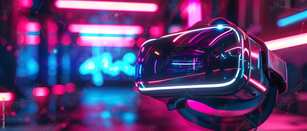 A sleek virtual reality headset illuminated by vibrant neon lights in a futuristic setting, symbolizing the cutting-edge world of VR technology. A sleek virtual reality headset illuminated by vibrant neon lights in a futuristic setting, symbolizing the cutting-edge world of VR technology.