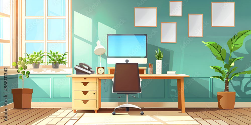 Fototapeta premium a well-organized office space with a desk, chair, and computer monitor.