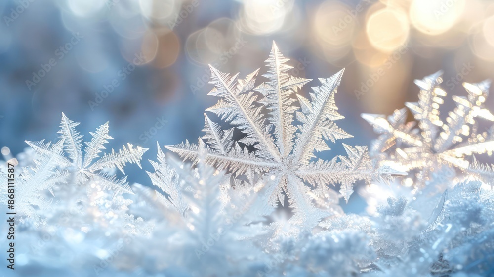 A snowflake is surrounded by other snowflakes on a snowy surface A snowflake is surrounded by other snowflakes on a snowy surface