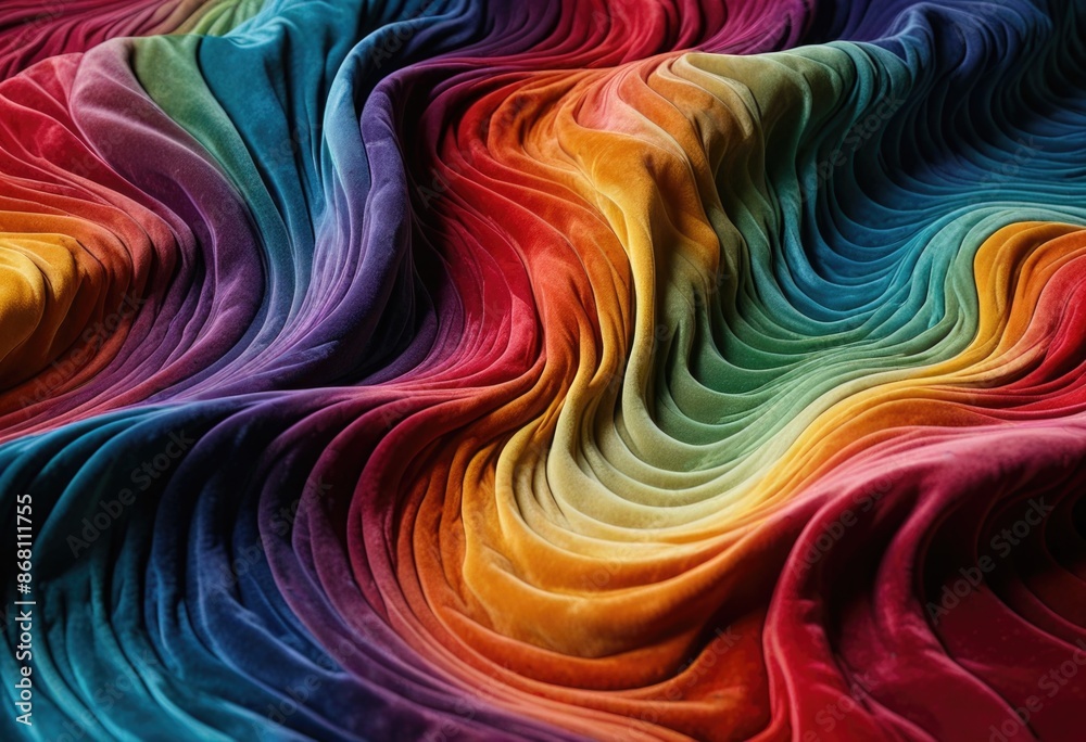 a piece featuring a dynamic color spectrum on a rippling velvet surface, conveying the sense of fluidity in the material’s texture. a piece featuring a dynamic color spectrum on a rippling velvet surface, conveying the sense of fluidity in the material’s texture.