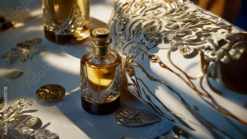 Whole and cracked nuts with walnut oil in an elegant jar on the side, on a light marble surface