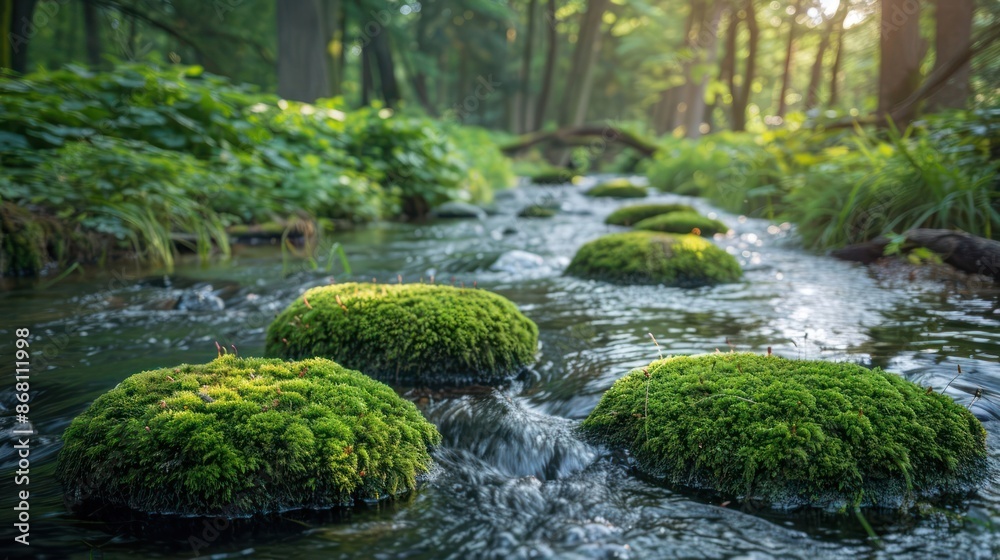 A stream with mossy rocks in the water A stream with mossy rocks in the water