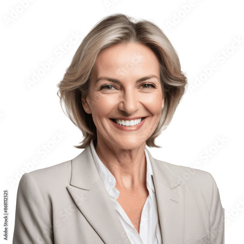 portrait of a smiling senior business woman in suit isolated on transparent background