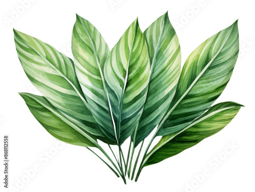 Watercolor painting of lush green tropical leaves with vibrant shades of green, perfect for nature-themed designs and botanical projects.