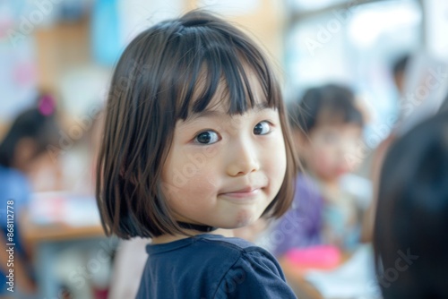 A cute little Asian girl is sitting in the classroom 