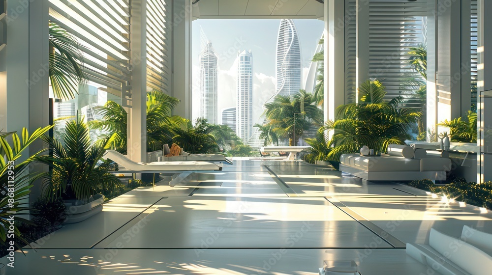 high-tech home with Bahama shutters that adjust automatically to sunlight, in a futuristic city high-tech home with Bahama shutters that adjust automatically to sunlight, in a futuristic city