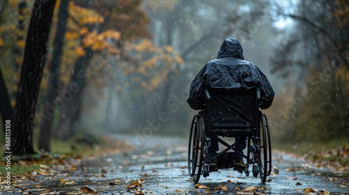 Person in wheelchair overcoming obstacles and difficulty photo