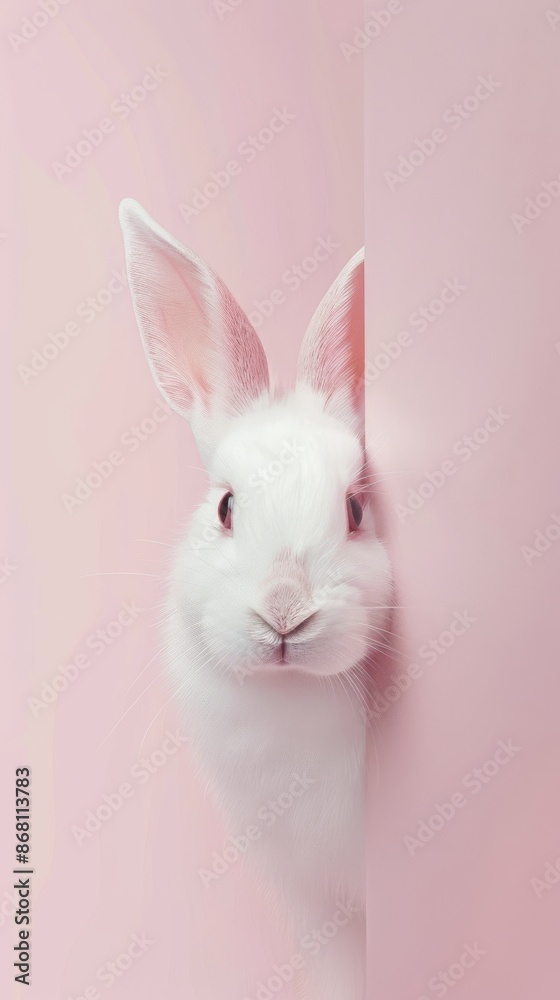 White bunny peeking from behind a pink wall, minimalist and cute animal concept White bunny peeking from behind a pink wall, minimalist and cute animal concept