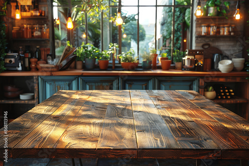 Cozy kitchen with a rustic wooden table, perfect for showcasing product montages or design layouts