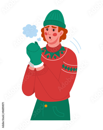 Cold weather. Freezing man. Guy shivering from frost. Winter season. Warm outerwear. Low temperature. Hat and sweater. Unhappy trembling person. Frosty breath steam. Wintertime clothes. Vector concept