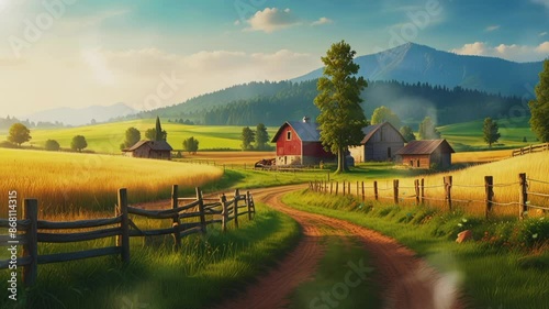 landscape with barn in the morning.Seamless 4k time lapse virtual video animation background