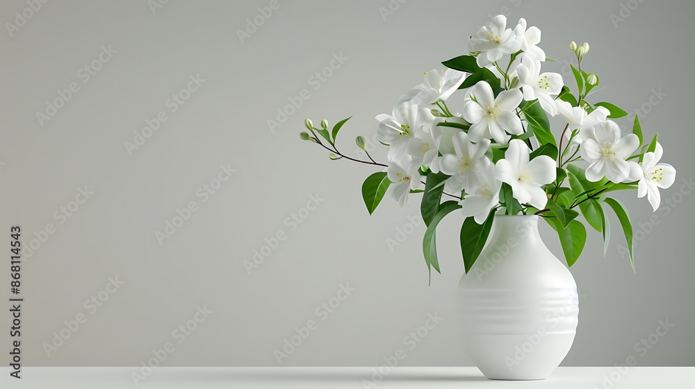 The image shows a white vase containing white flowers and green leaves. The vase is sitting on a white surface The image shows a white vase containing white flowers and green leaves. The vase is sitting on a white surface