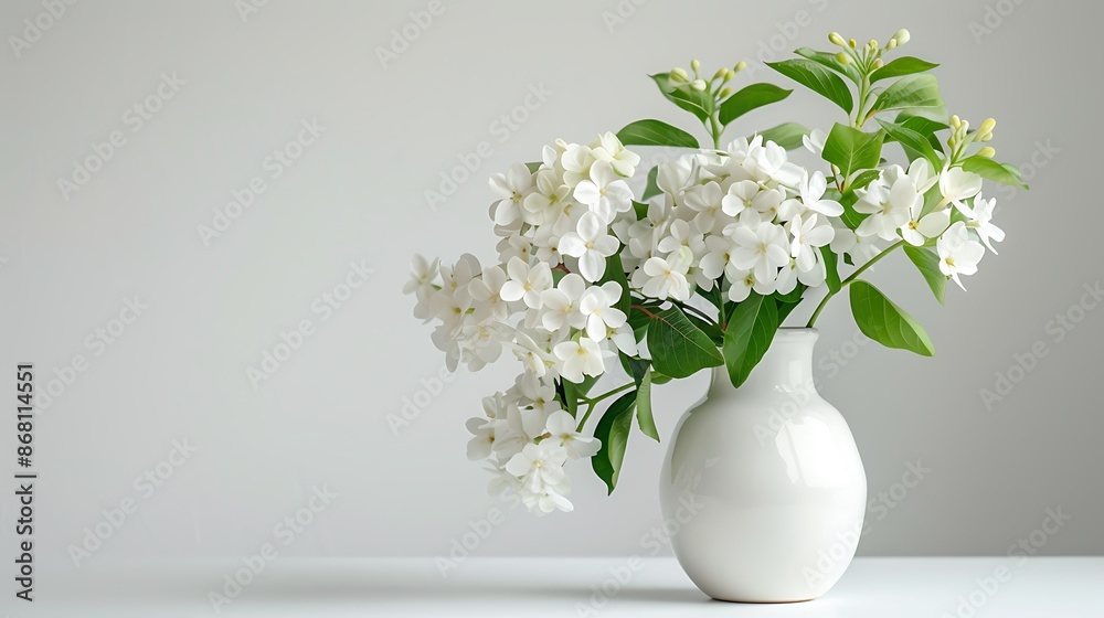 The image shows a white vase containing white flowers and green leaves. The vase is sitting on a white surface The image shows a white vase containing white flowers and green leaves. The vase is sitting on a white surface
