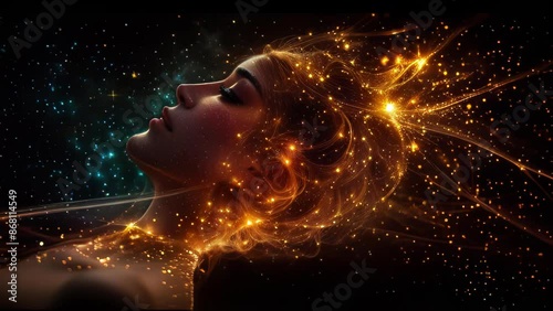 Profile of a person's face with eyes closed, surrounded by swirling golden lights and cosmic particles. Dark background with stars. 