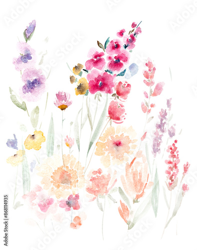 Hand painted watercolor flower bunch on a white background