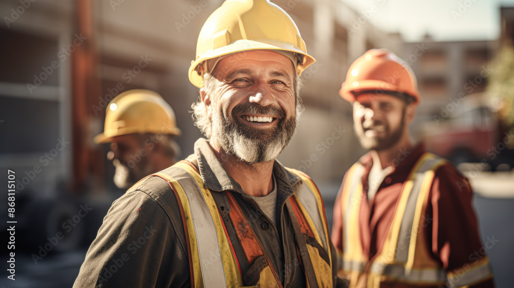 Proud Male Construction Workers in Safety Gear at Construction Site Under Sunlight Proud Male Construction Workers in Safety Gear at Construction Site Under Sunlight