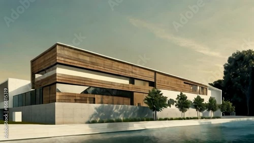 Open modern house with four levels, in the style of Ludwig Mies van der Rohe