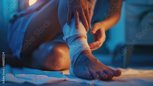 Gentle Care: Healthcare Provider Wrapping Bandage on Ankle in Well-Lit Clinical Environment © banthita166