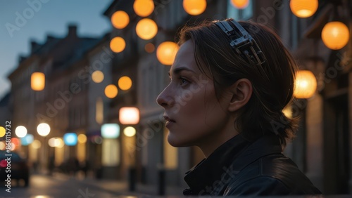 Woman Looking Away in City at Dusk.